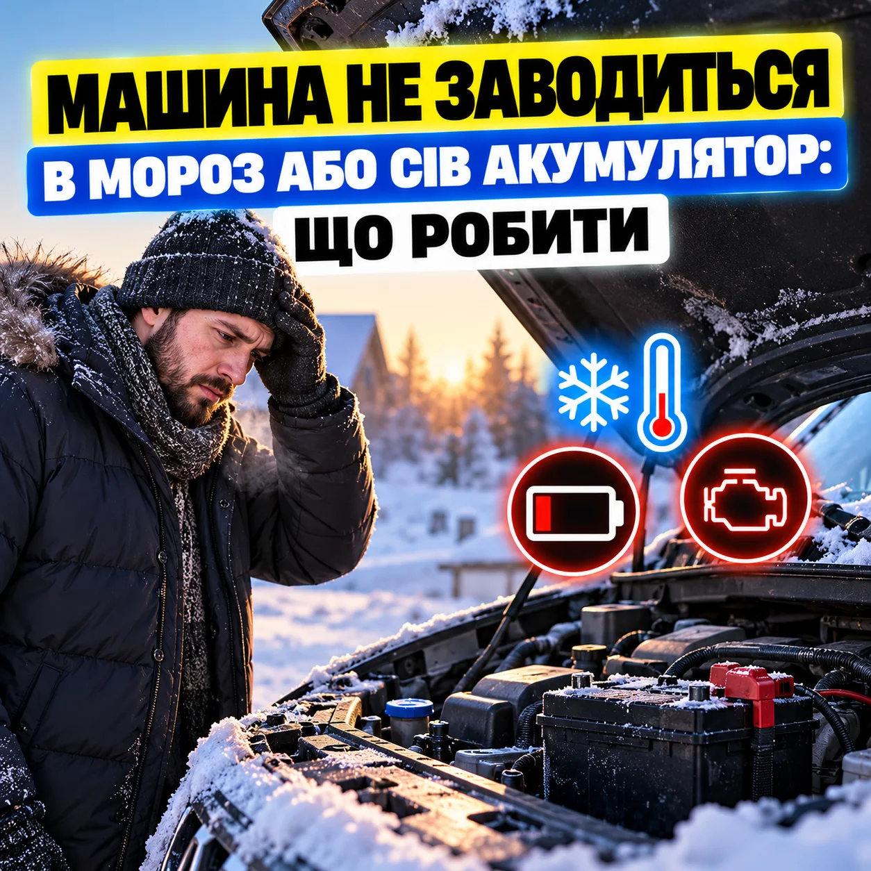 Автомобіль взимку з відкритим капотом і пусковим пристроєм