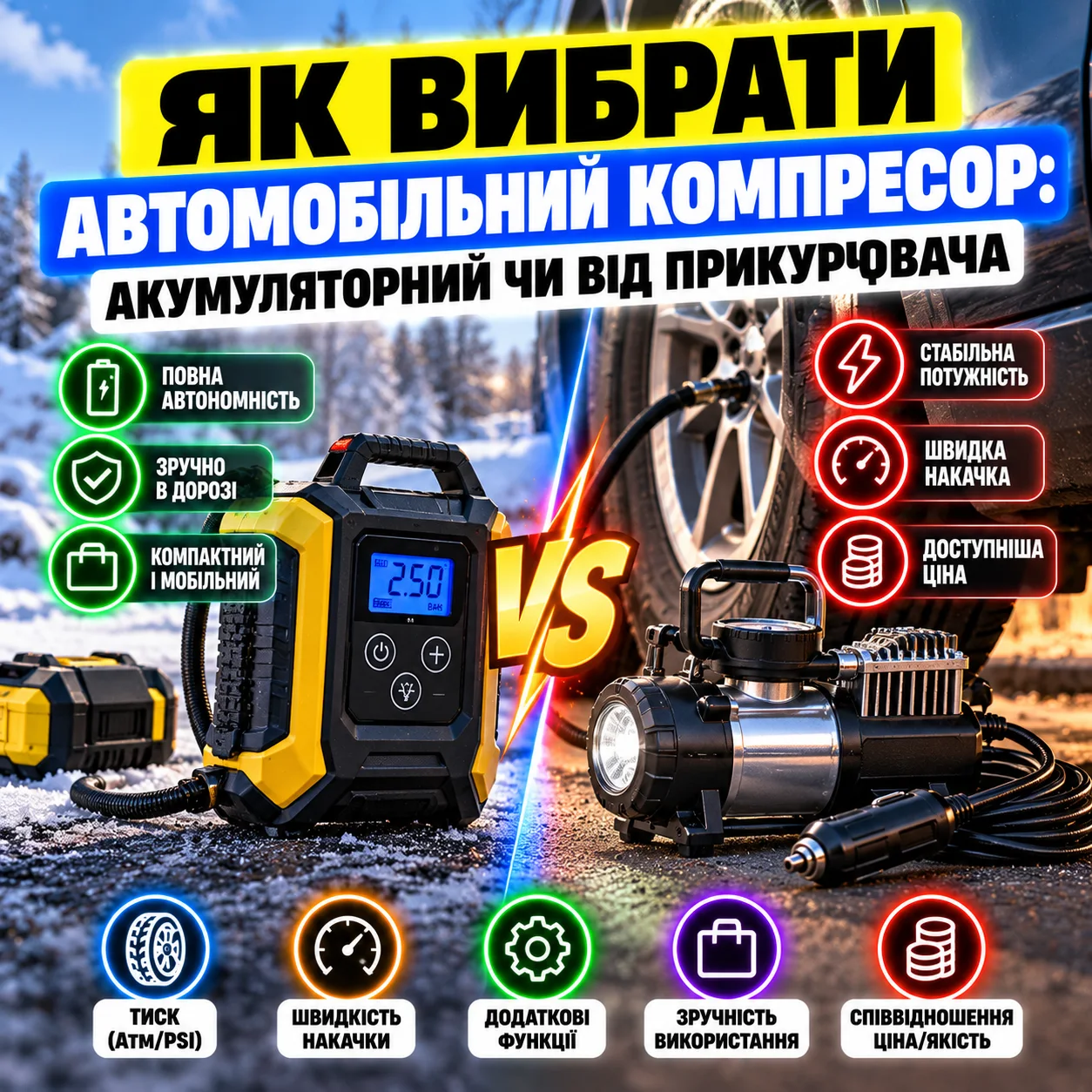 Аккумуляторный автомобильный компрессор с цифровым манометром и LED-фонарём