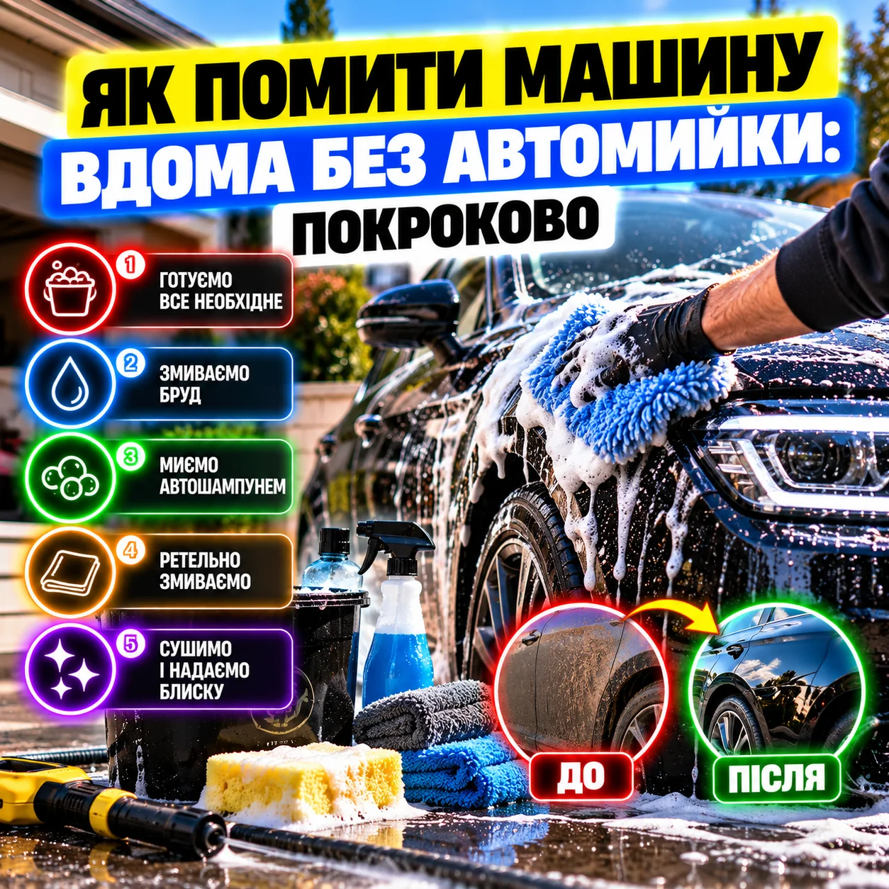 Миття автомобіля портативною акумуляторною мийкою біля будинку