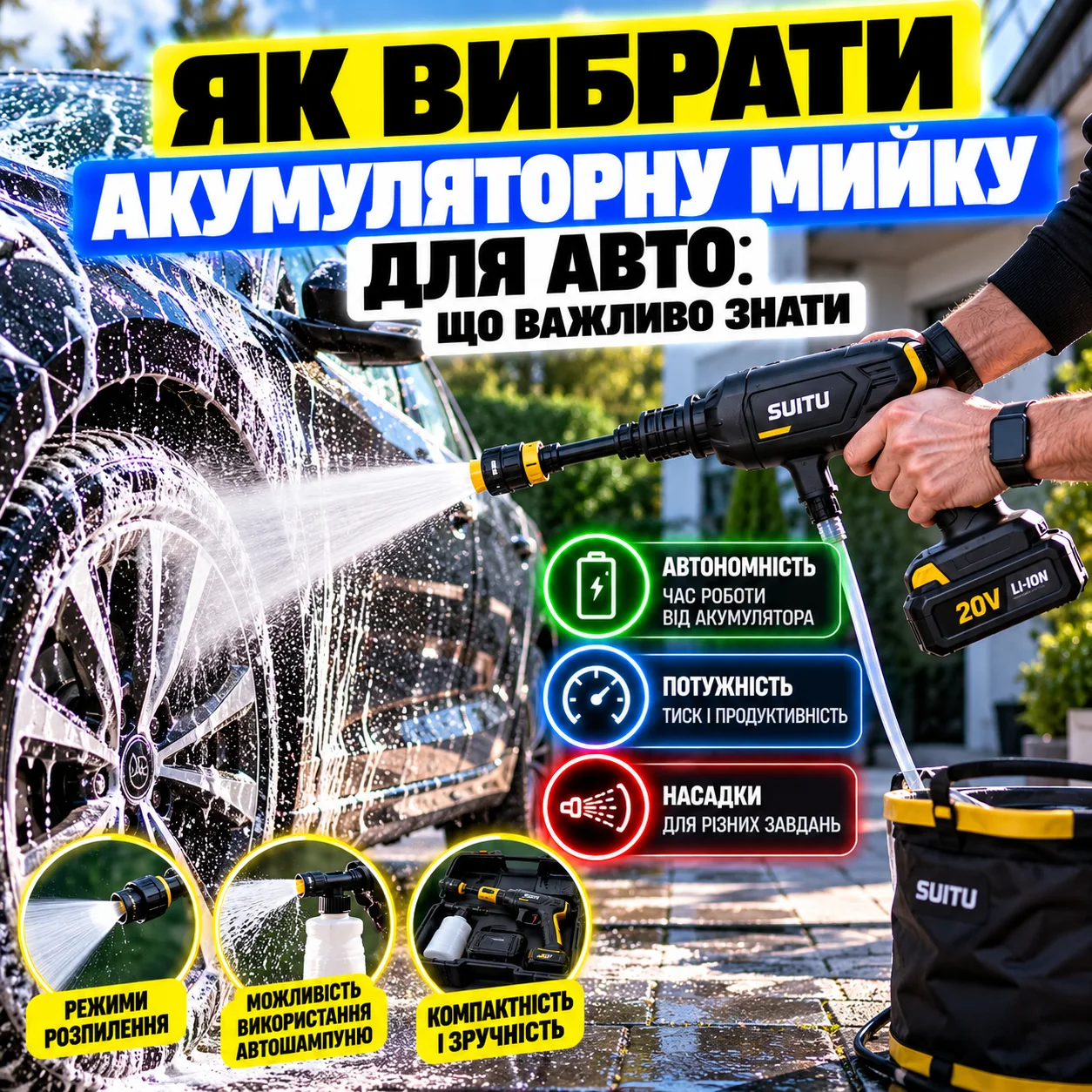 Акумуляторна мийка для авто з насадкою 6-в-1 і шлангом