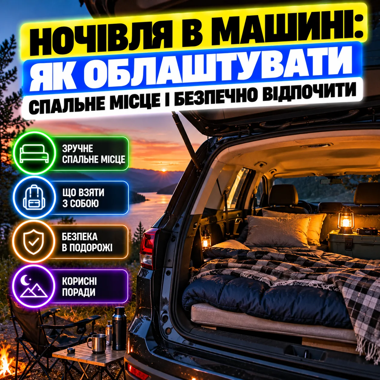 Надувной матрас на заднем сиденье автомобиля для ночёвки